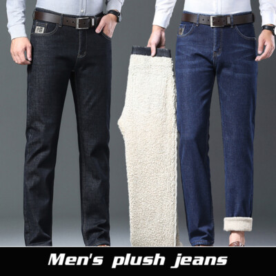 Winter Men Jeans Denim Thick Fleece Pants Warm Thermal