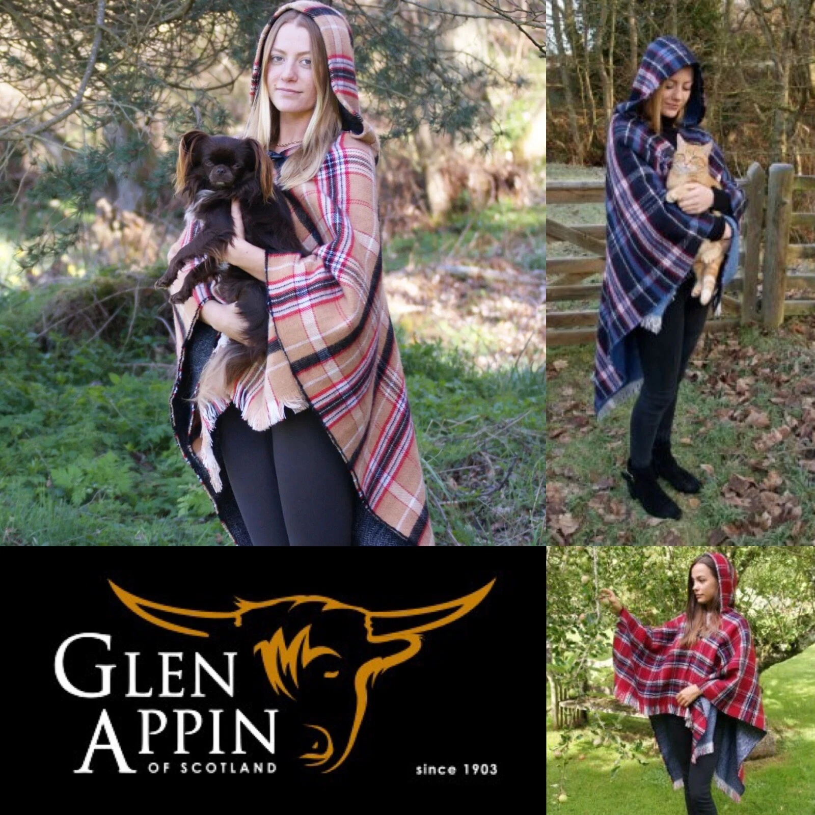 Glen Appin Ladies Scottish Tartan Poncho With Hood - Red Blue Camel