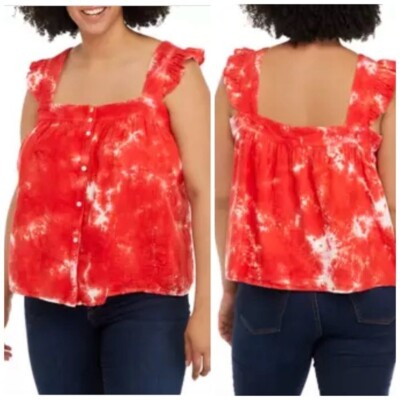 True Craft Red White Tie Dye Ruffle Strap Tank Top 1X NWT Cottagecore Plus Size