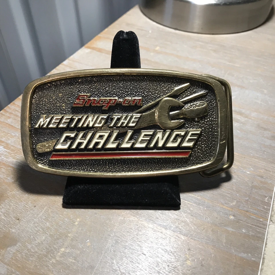 Hebilla de cinturón de latón macizo vintage BTS Snap-on Tools Meeting The Challenge ~B43~ Foto 3 de 4