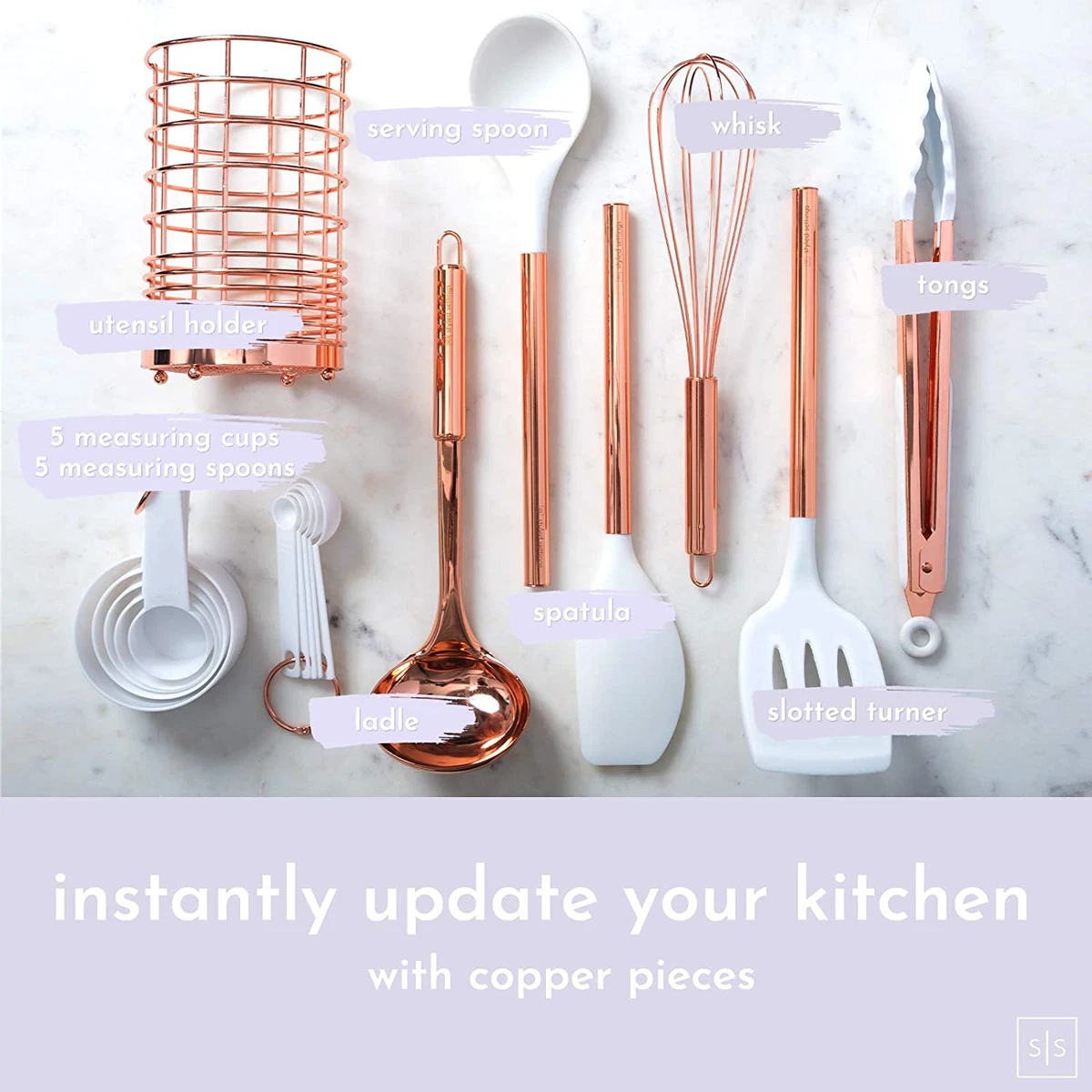 White Silicone Copper Kitchen Utensils Set with Holder 17 Pc Rose