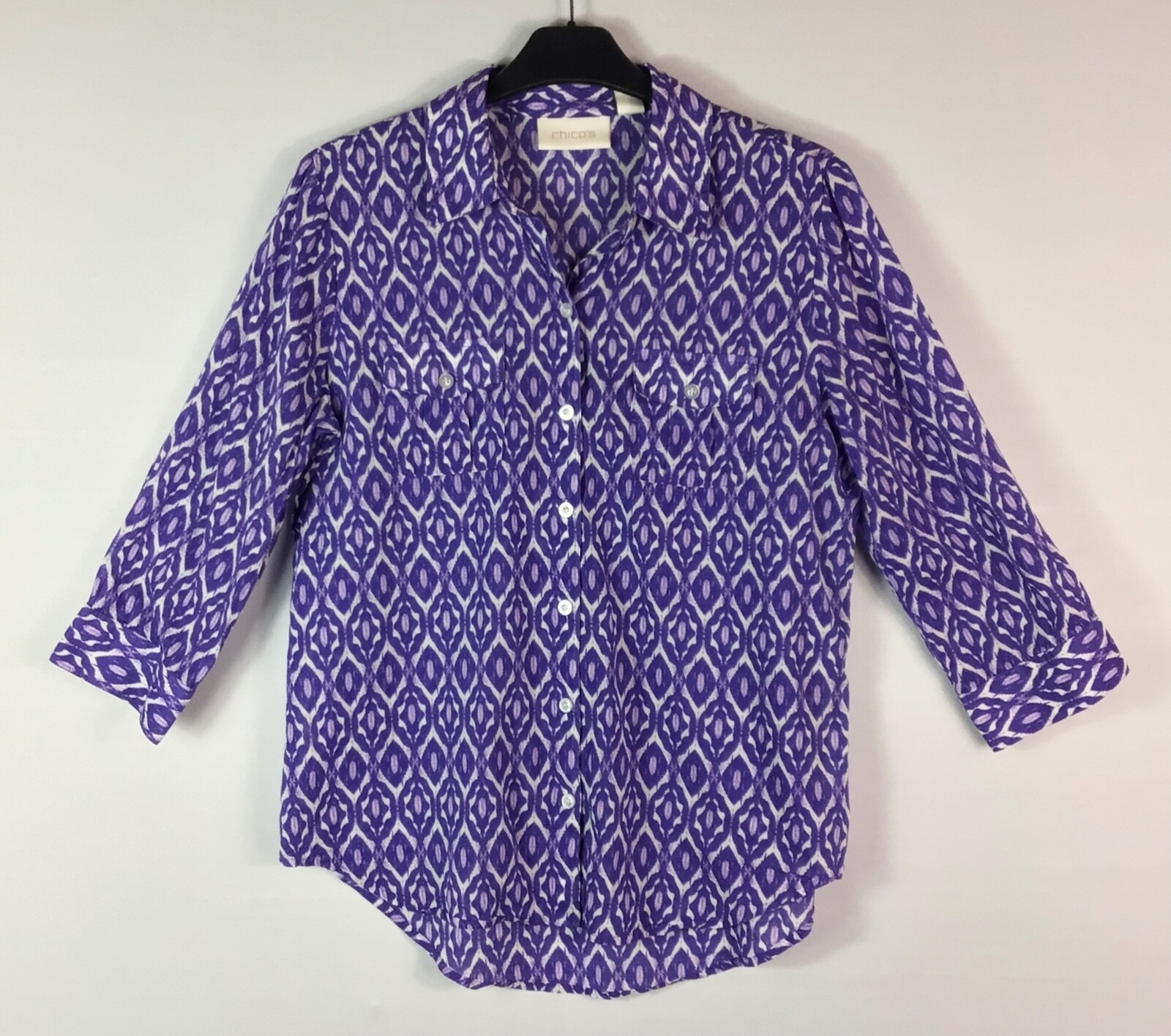 Chico's Shirt Womens Size 0 Periwinkle Button Up 3/4 Sleeves Collared Pockets
