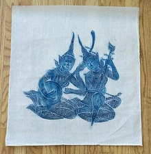 THAI RICE PAPER TEMPLE RUBBING BLUE CELESTIAL MUSICIANS ANTIQUE 1900s VTG