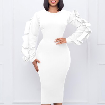 elegant work party dress Elegant Women's Long Sleeve Belted Pleated Dress, Solid Color, High-Waisted  Work and Party Midi