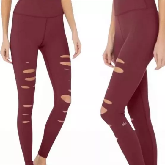 ALO Yoga High-Waist Ripped Warrior Leggings Maroon Burgundy Size