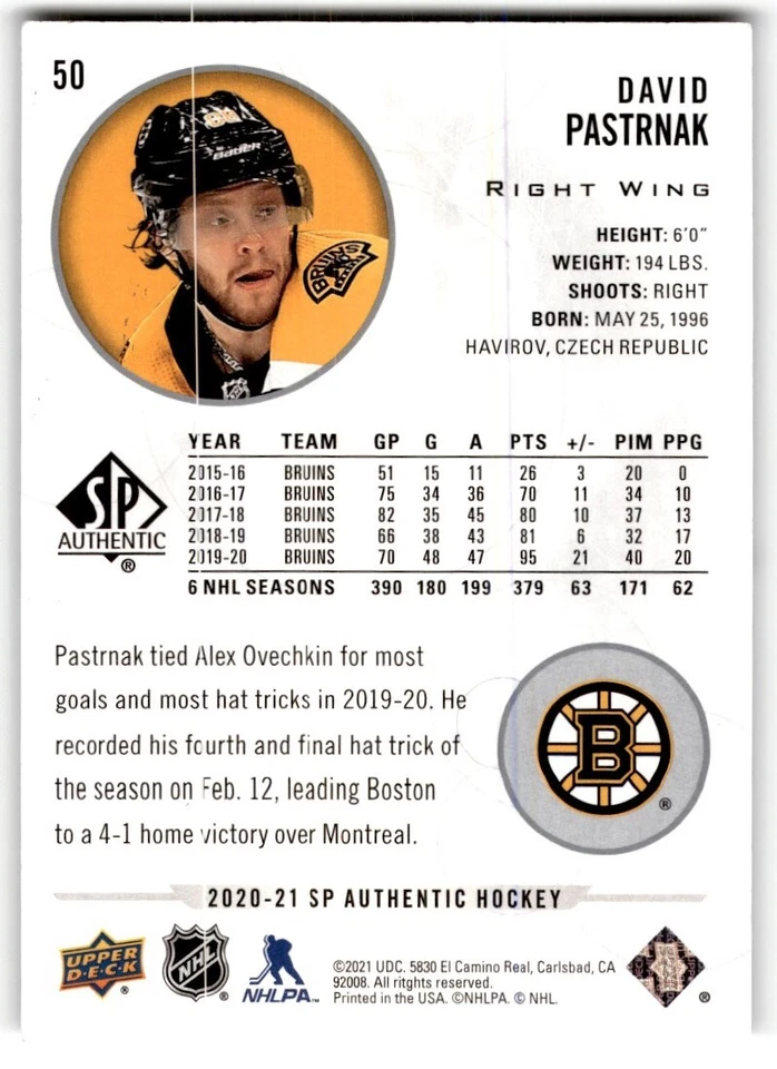 2020-21 SP Authentic David Pastrnak #50 Boston Bruins - Image 2 of 2