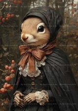 LADY SQUIRREL ART PRINT, Cottagecore Wall Decor, Victorian Animal Poster F819