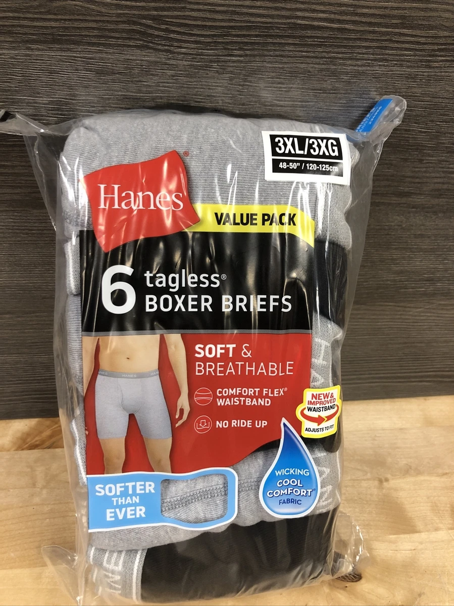 6 Pack Hanes Men s Tagless Boxer Briefs 3XL 48 50 Black Gray New