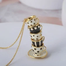 Tea Cup Necklace - Black and White - Gold Chain Enamel WHIMSICAL Stacked Teacups