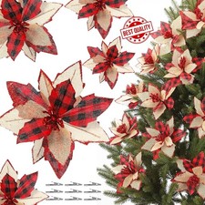12 Pcs Buffalo Plaid Poinsettias Christmas Tree Ornaments, 5.9" BurlapArtificial