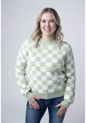 Michelle Mae Sage and White Checkered Sweater, Size Small, NWT