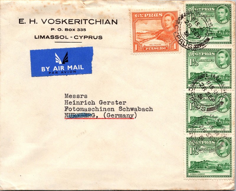 1951 Limassol Cyprus British Colonies Airmail Cover To Nurnberg Germany