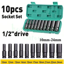 1/2" Deep Impact Socket Set Drive Long Reach Thin Wall Metric Sockets 10mm-24mm