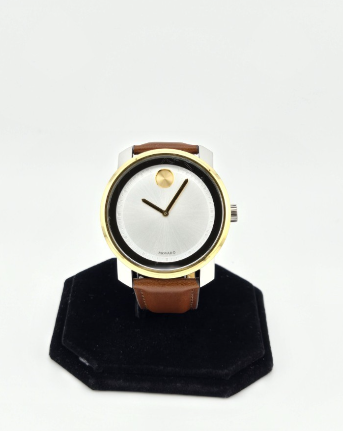 Movado Men’s Bold Silver Dial Brown Leather Band Swiss Watch - 3600431