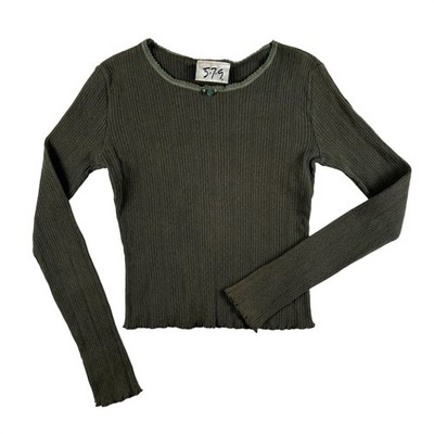 Vintage 5.7.9 Shirt Womens XS Green Ribbed Long Sleeve Lettuce Hem Crop Y2K Bow