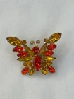 Vintage Butterfly Costume Jewelry Pin Brooch Red Amber Color Stones - Unsigned