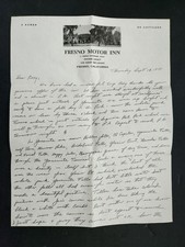 1941 antique FRESNO MOTOR INN ca LETTERHEAD travel YOSEMITE trip EL CAPITAN