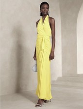 Banana Republic BETTINA SATIN HALTER MAXI DRESS, Yellow SIZE LT L T #799879 Y010