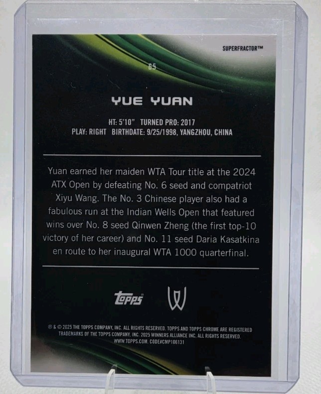 2025 Topps Chrome Tennis Yue Yuan Superfractor 1/1 view 5