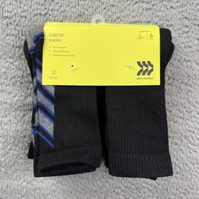 All In Motion Crew Socks Kids Large Shoe Size 3-7 Black 6 Pairs Moisture Wicking