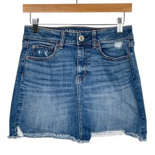 American Eagle Distressed Micro Mini Blue Denim Skirt Size 4 Festival Retro Y2K
