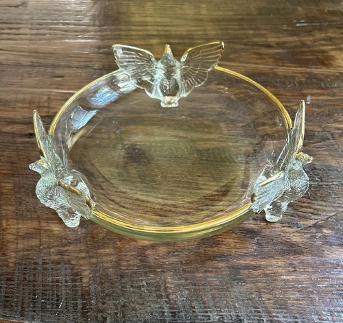 Vintage Jeannette Glass Eagle Footed Bowl Candy Dish Gold Trim Birds Clear 7"