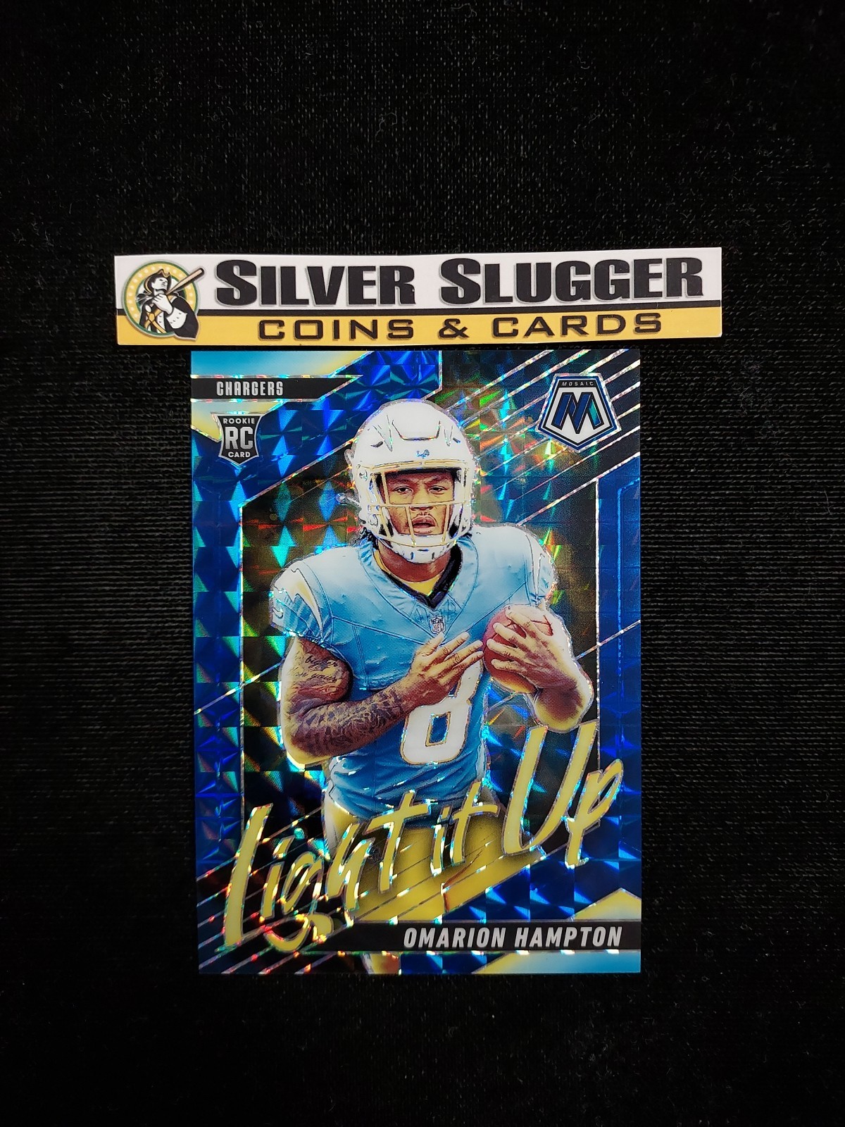2025 Omarion Hampton Panini Mosaic Light it Up Blue Prizm /99 #12 RC LA Chargers