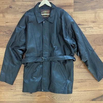 VTG 90's Global Identity GIII Black Leather Belted Car Coat Jacket Men 4XL