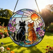 Black & orange cat couple suncatcher — stained glass garden décor, gift for Mom.