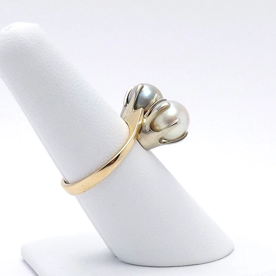 14k Two Tone Gold White and Silver Akoya Pearl Bypass Ring Toi Moi Vintage - Image 4 of 4