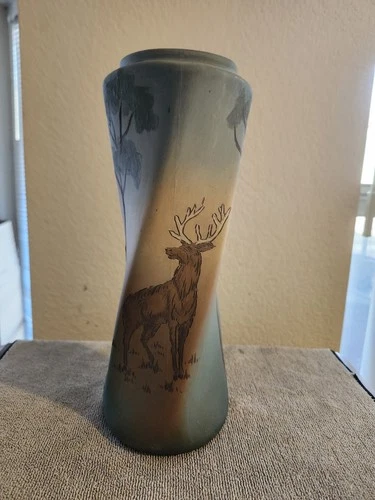 Tall Weller Pottery 2nd Line Dickensware Twisted Vase with Elk and Trees