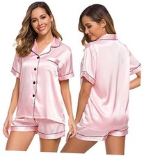Womens Silk Satin Pajamas Set Short Sleeve Sleepwear Button Down Small Pink