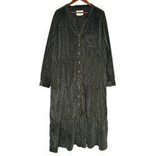 The Scarlett 2X Green Corduroy Button-Front Midi Dress Pockets Tiered Cottage