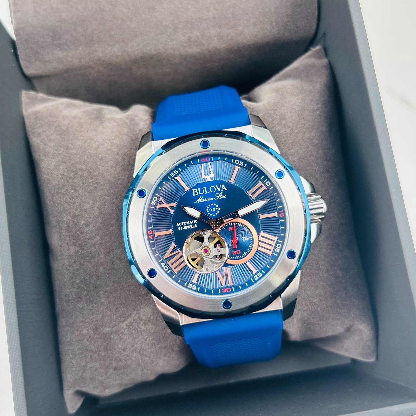 Bulova 98A282 Marine Star Blue Dial Silicon Blue Strap Men’s Automatic Watch