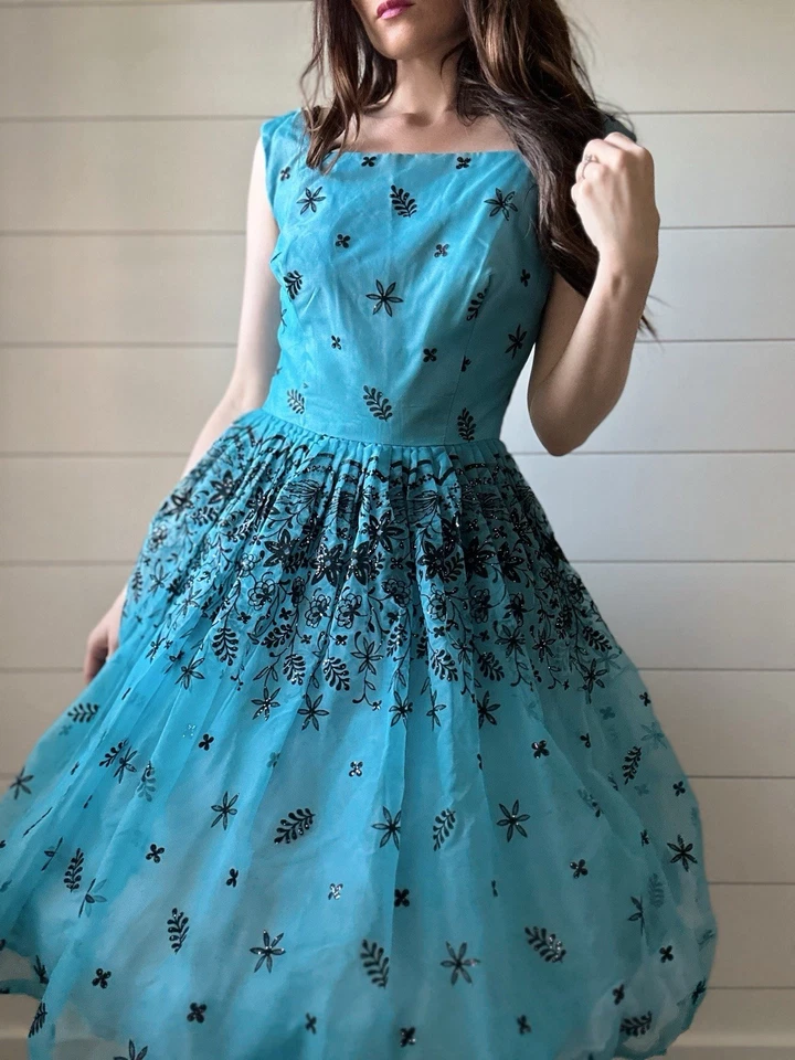 Vestido de noite vintage 1950s glitter flocado patty chiffon coquetel aquático  - Imagem 4 de 4