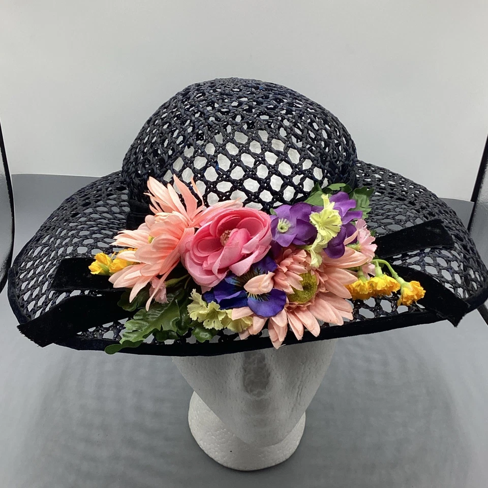 Sombrero de sol vintage de malla negra para mujer con ribete floral púrpura Foto 2 de 4