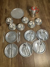 Vintage Little Bo Peep Child Toy 6 Person Aluminum Tea & Dinner Sets 37 Pieces