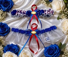 New York Giants Inspired Wedding Garter Set, White Organza, Royal Blue Satin.