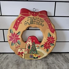 Vintage Christmas Wood Hand Painted Wreath Folk Art Primitive Wall Decor Cottage