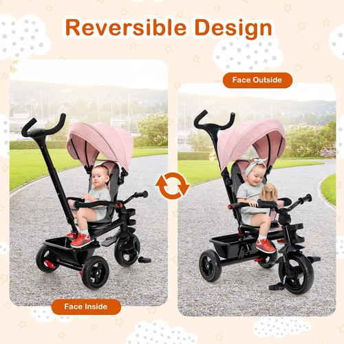 Babyjoy 4-in-1 Trike Baby Tricycle Toddler w/ Reversible Seat & Canopy Pink - Picture 6 of 8
