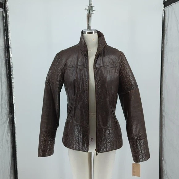 Chaqueta de cuero acolchada con cremallera Club Monaco marrón S moto ropa de calle aviación otoño Foto 2 de 4