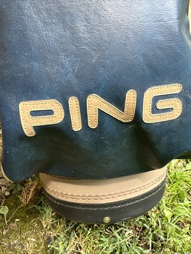 Vintage Ping 4-Way Golf Bag W/ Cover Khaki Cream Blue Leather Vinyl MADE IN USA - Picture 18 of 24