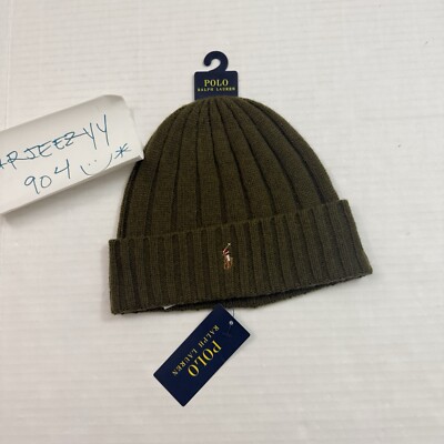NEW Polo Ralph Lauren Wool Blend Ribbed Knit Beanie Hat Olive Green O/S 