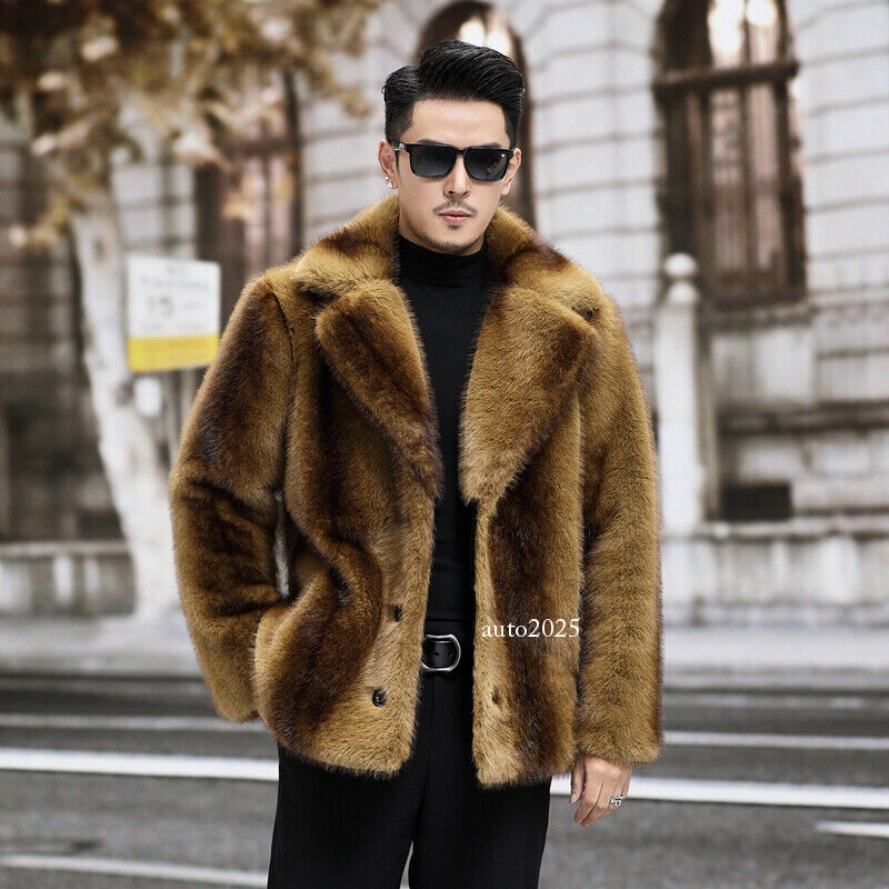 Men's Faux Fox Mink Fur Jacket Gold Mink Velvet Winter Furry Coat