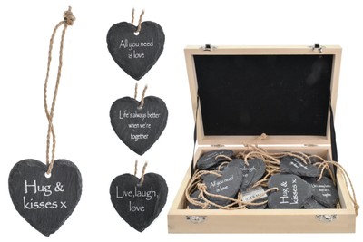 6 cm Schiefer Herz zum Aufhängen Geschenk mit sinnvollen Sprüchen Liebe Küsse Mond Leben