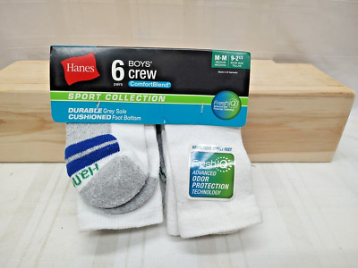 HANES 6 PACK BOYS COMFORTBLEND WHITE  Crew SOCKS SIZE Medium (9-2 1/2 )