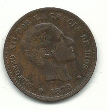 A HIGHER GRADE 1879 OM SPAIN DIEZ GRAMOS 5 CENTIMOS-OLD COIN-OCT452