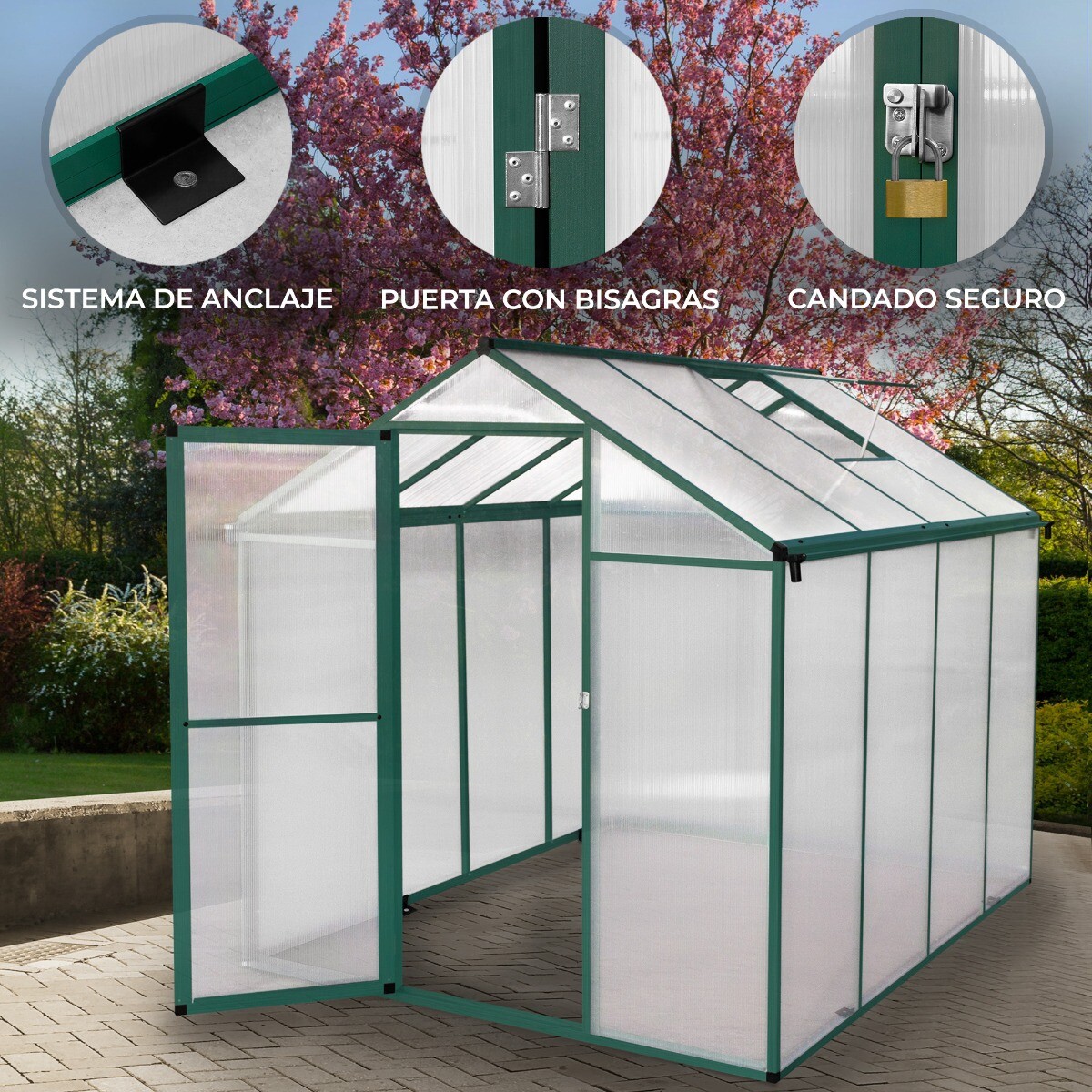 Invernadero de Jardín Verde Policarbonato 1.8x2.4m sin Base, Candado,2