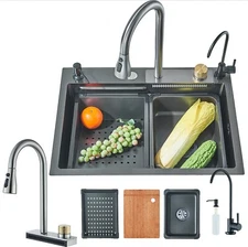 Waterfall Kitchen Sink, Drop in Bowl Stainless Steel Bar Sink W/Kitchen Faucet