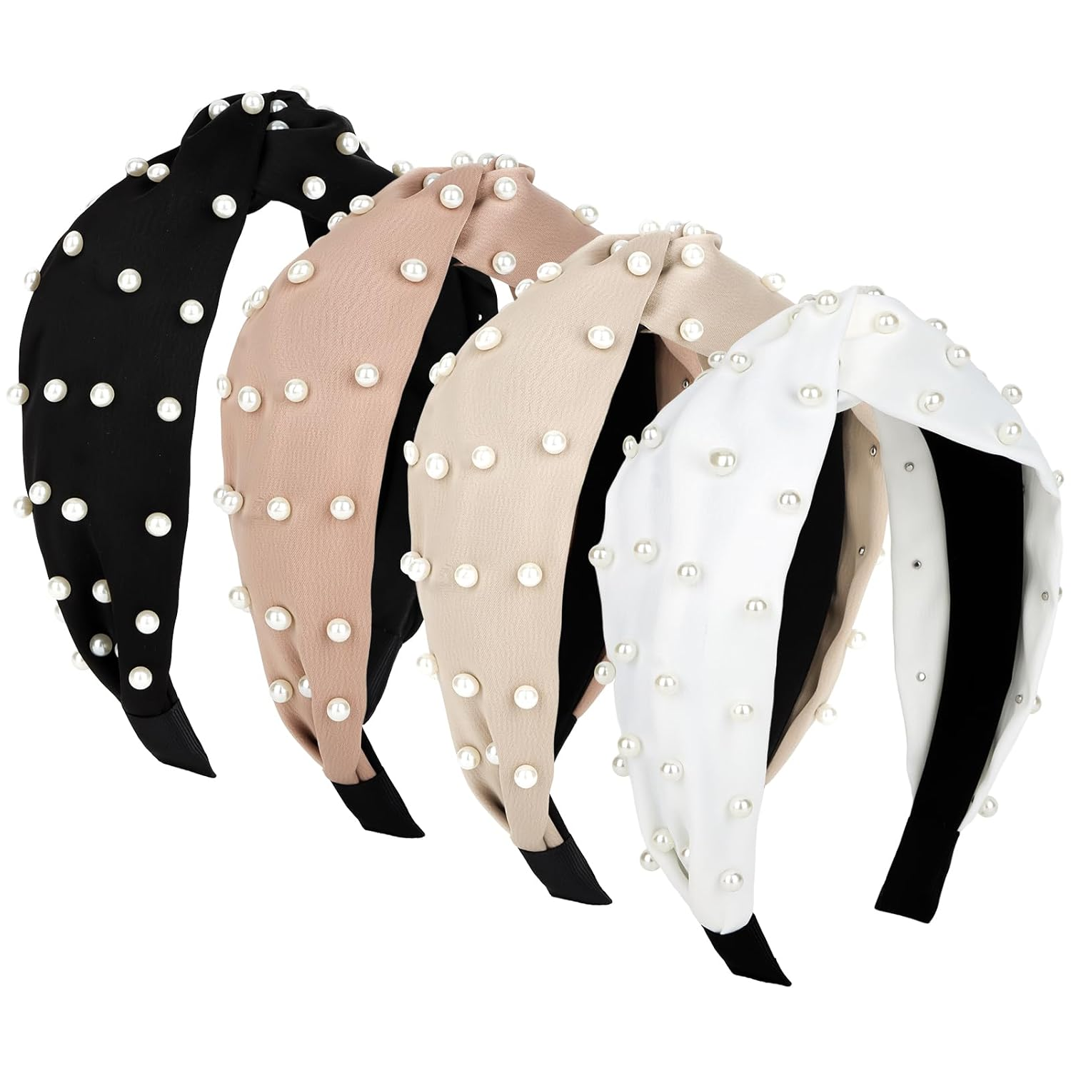 Women's 4-Pack Knotted Pearl Beaded Headbands in Black & Khaki